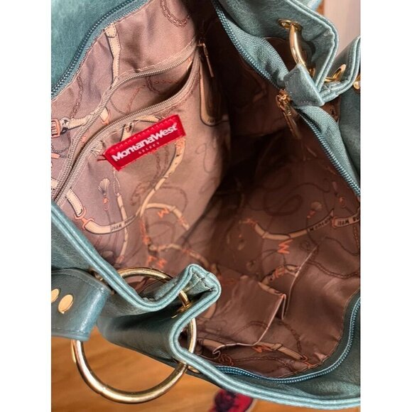 Montana West Bag Blue Leather Metallic Studs Boho Western Retro Classic 80s - Picture 10 of 13